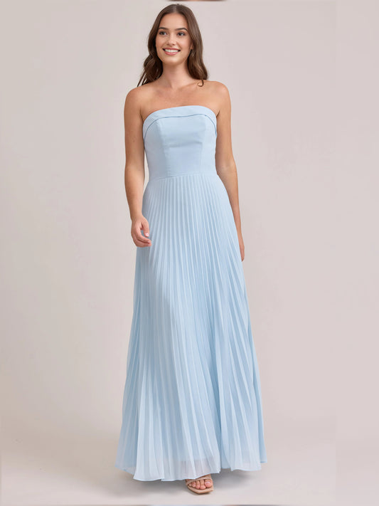Light Blue maxi bridesmaid dress, front view showing the a-line silhouette