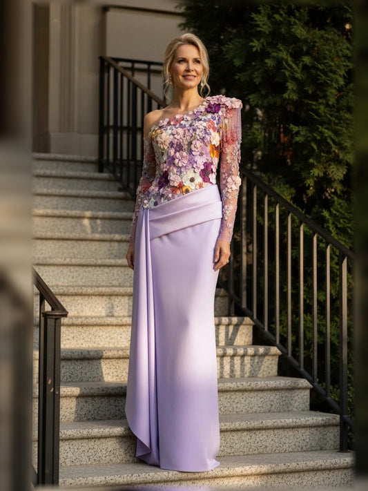 Lavender floor-length mother of the bride dress, front view showing the a-line silhouette