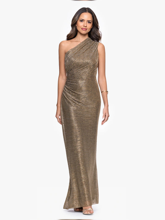 Gold maxi mother of the bride dress, front view showing the sheath silhouette