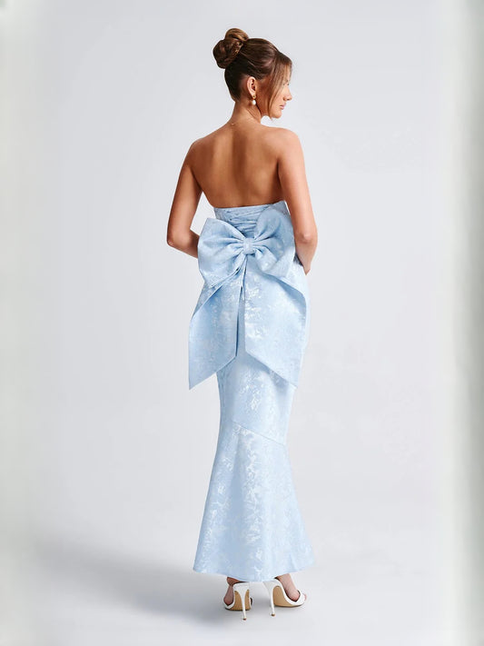 Blue maxi prom dress, front view showing the sheath silhouette