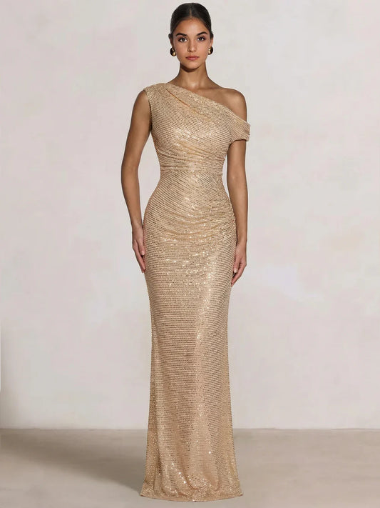 Champagne mermaid floor-length formal dress with one-shoulder neckline, full-length front view