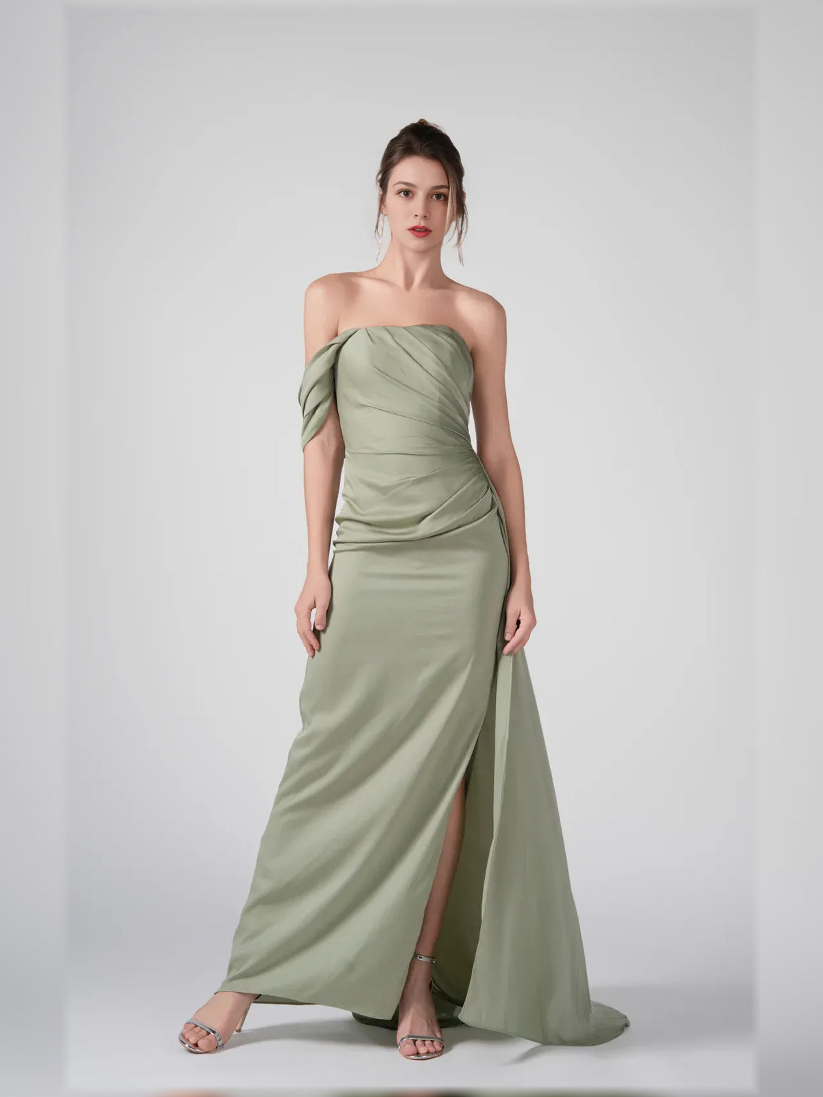 Dusty Sage mermaid maxi formal dress with off-the-shoulder neckline, full-length front view