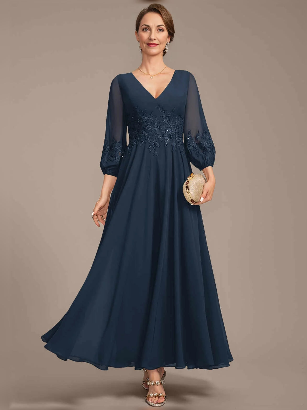 Dark Navy floor-length mother of the bride dress, front view showing the a-line silhouette