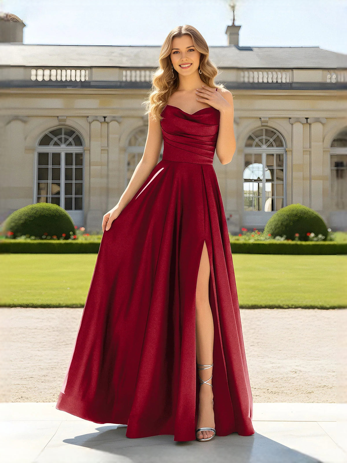 Burgundy floor-length prom dress, front view showing the a-line silhouette