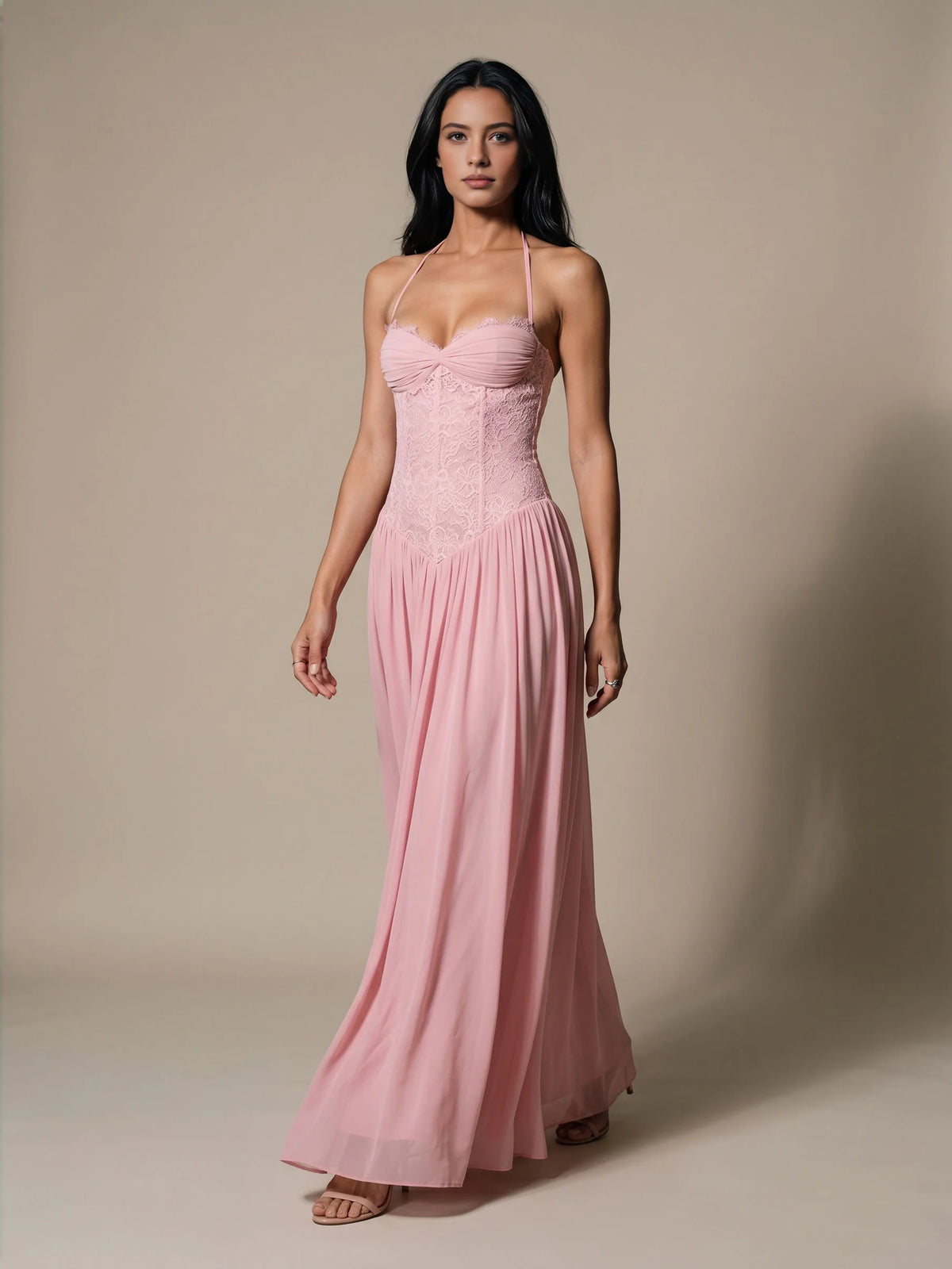 Blush Pink maxi bridesmaid dress, front view showing the a-line silhouette