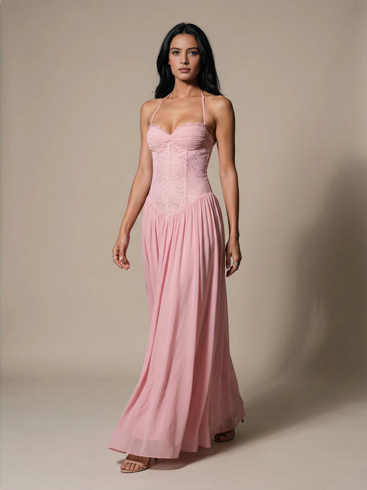 Blush Pink maxi bridesmaid dress, front view showing the a-line silhouette