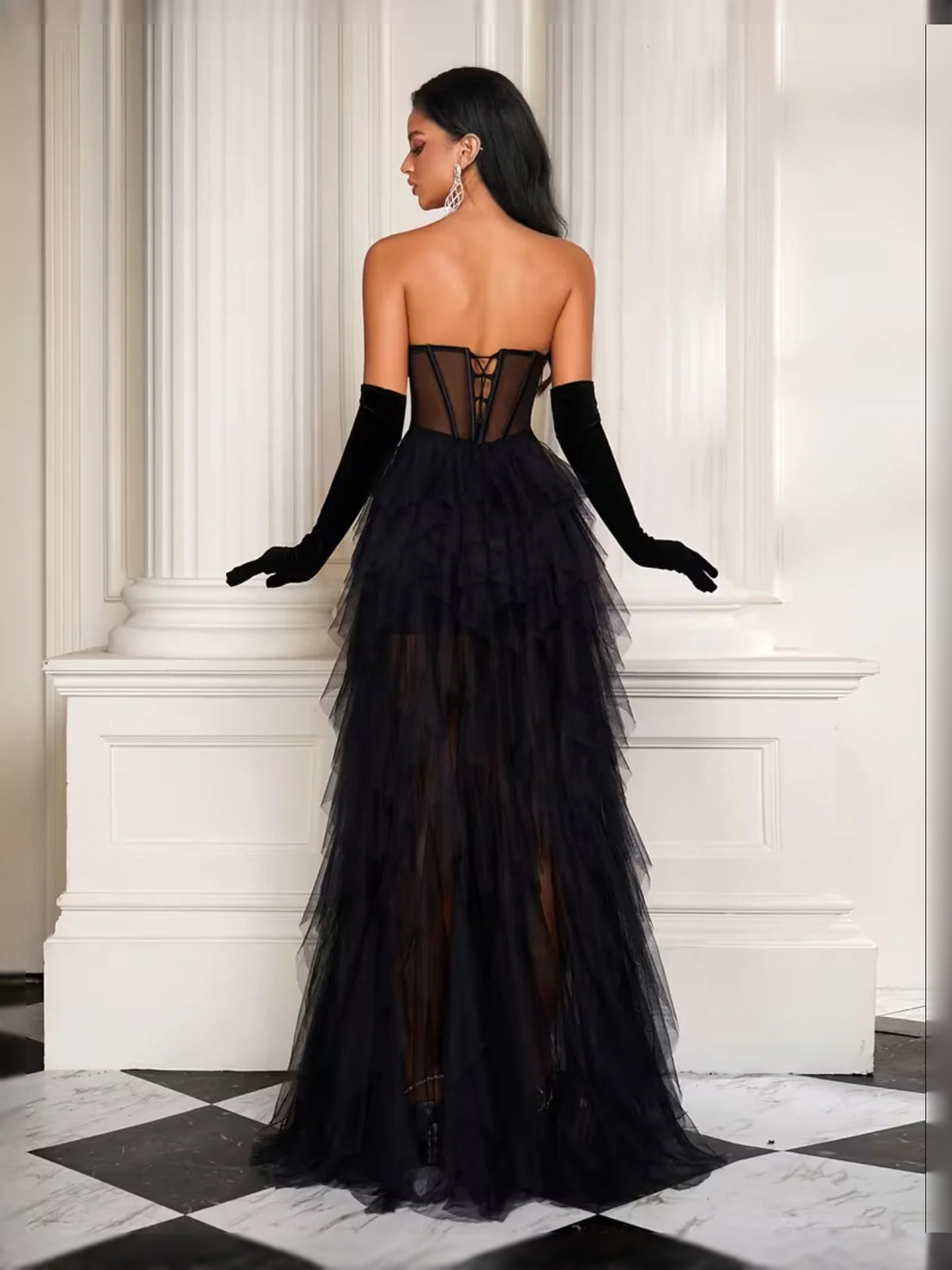 Black floor-length prom dress, front view showing the a-line silhouette