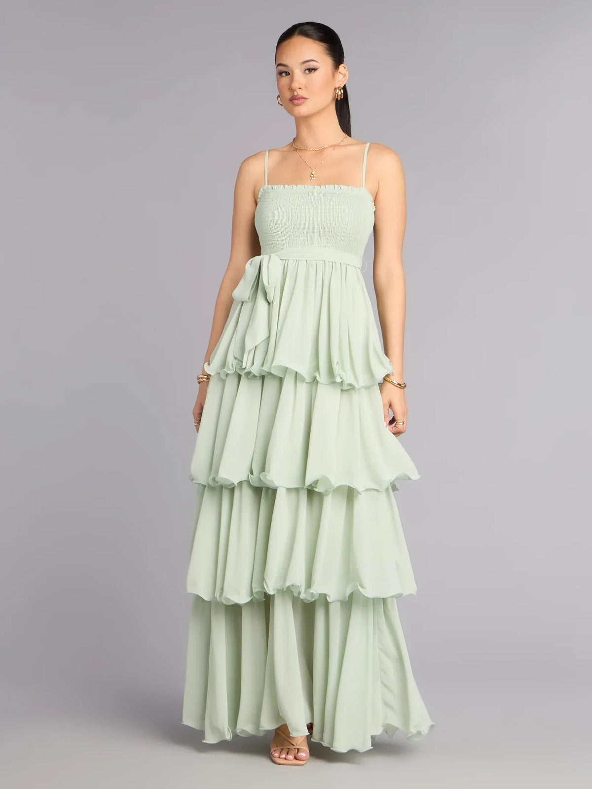 Sage Green maxi prom dress, front view showing the a-line silhouette