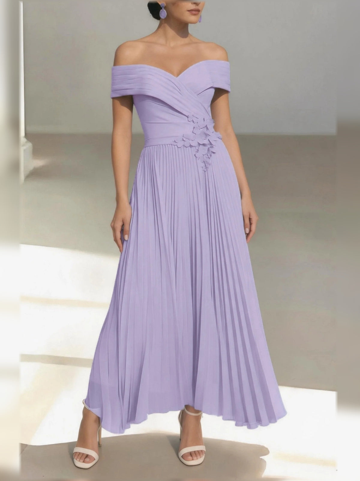 Lilac midi mother of the bride dress, front view showing the a-line silhouette