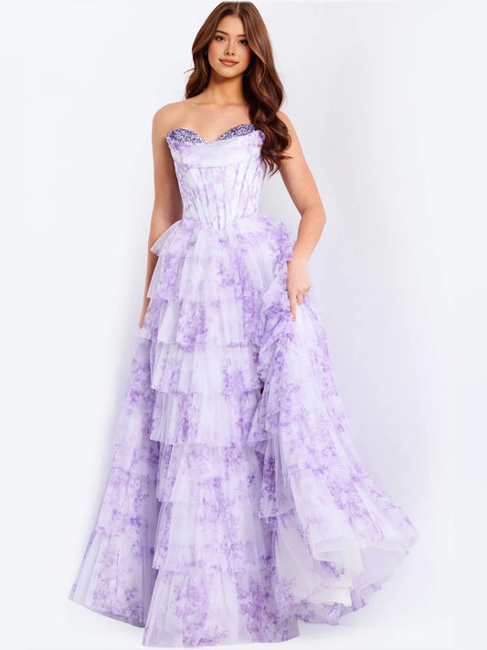 Lilac floor-length prom dress, front view showing the a-line silhouette