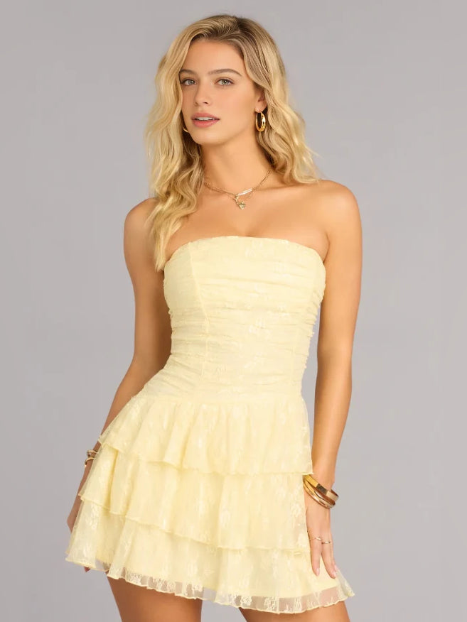Yellow mini homecoming dress, alternate view showing the full-length silhouette