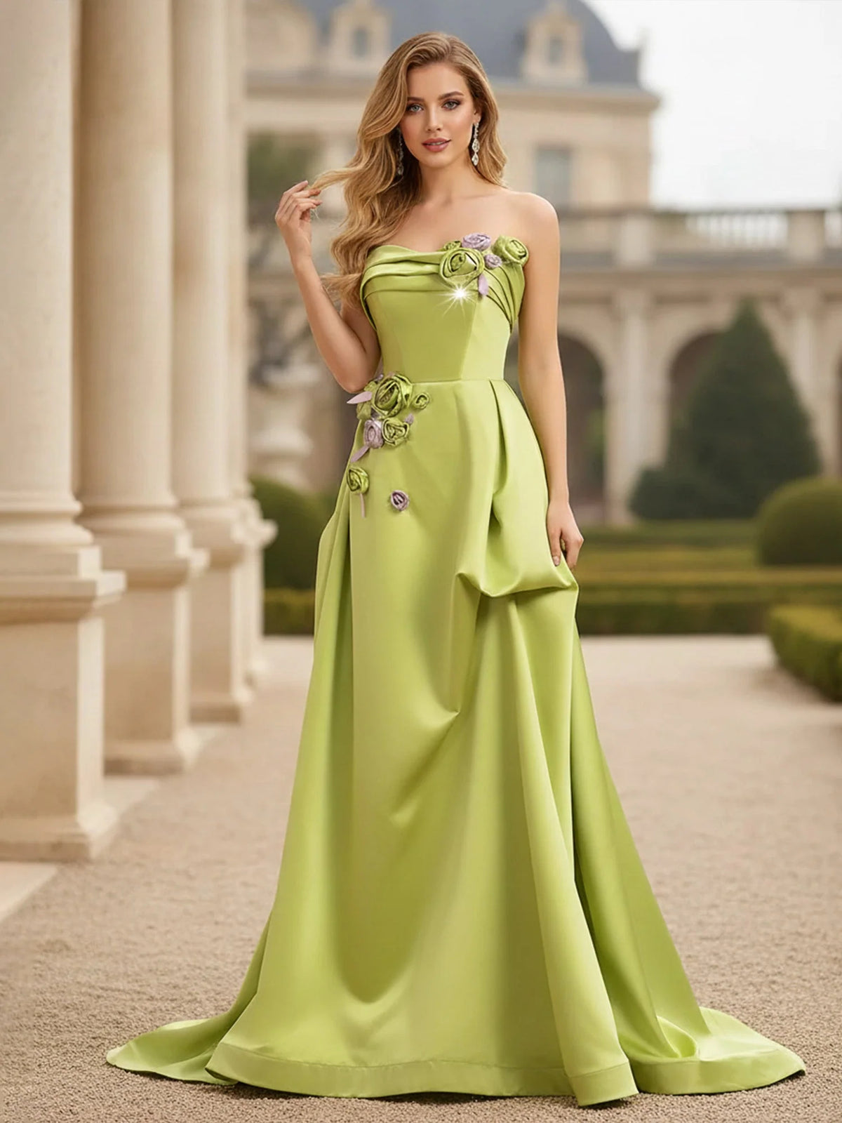 Olive Green a-line floor-length formal dress with sweetheart neckline, full-length front view