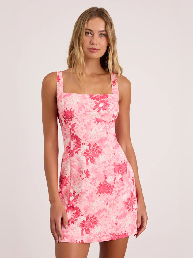 Light Pink Floral mini homecoming dress, front view showing the silhouette