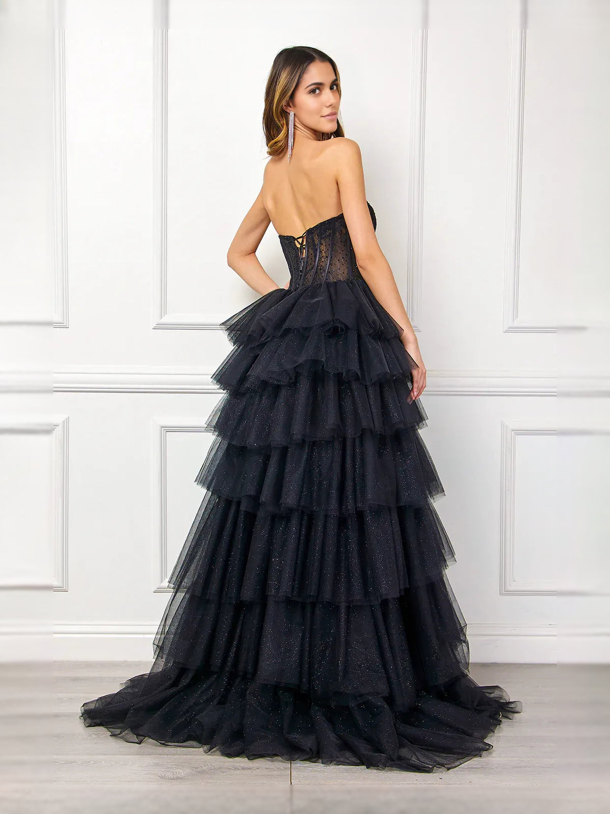 Black floor-length prom dress, front view showing the ball-gown silhouette