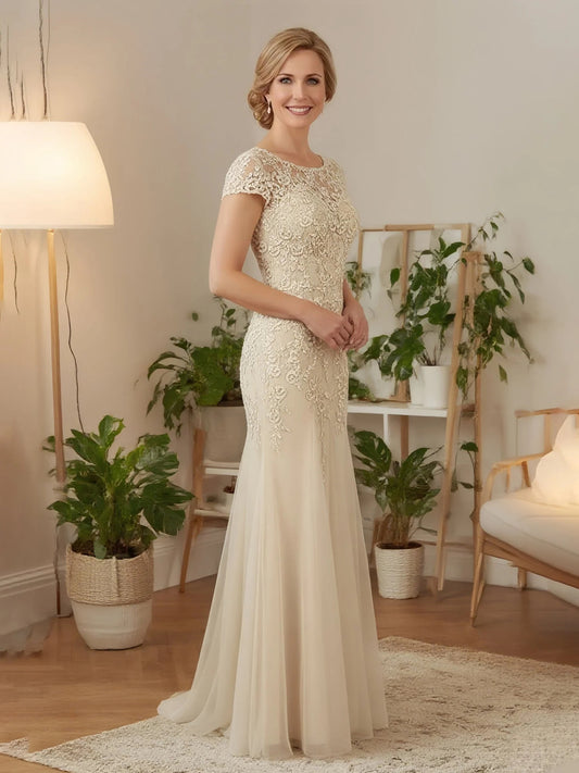 Champagne floor-length mother of the bride dress, front view showing the mermaid silhouette