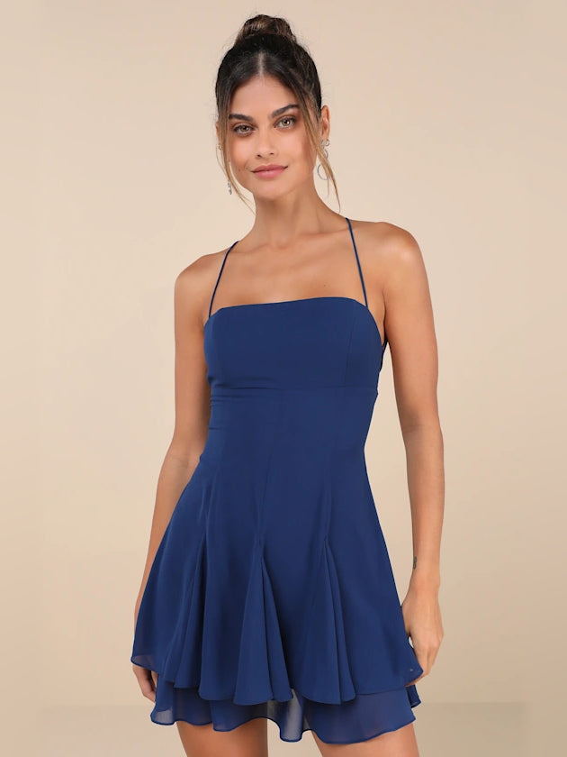 Dark Blue mini homecoming dress, front view showing the silhouette