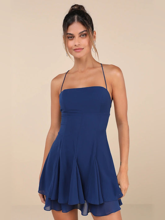 Dark Blue mini homecoming dress, front view showing the silhouette