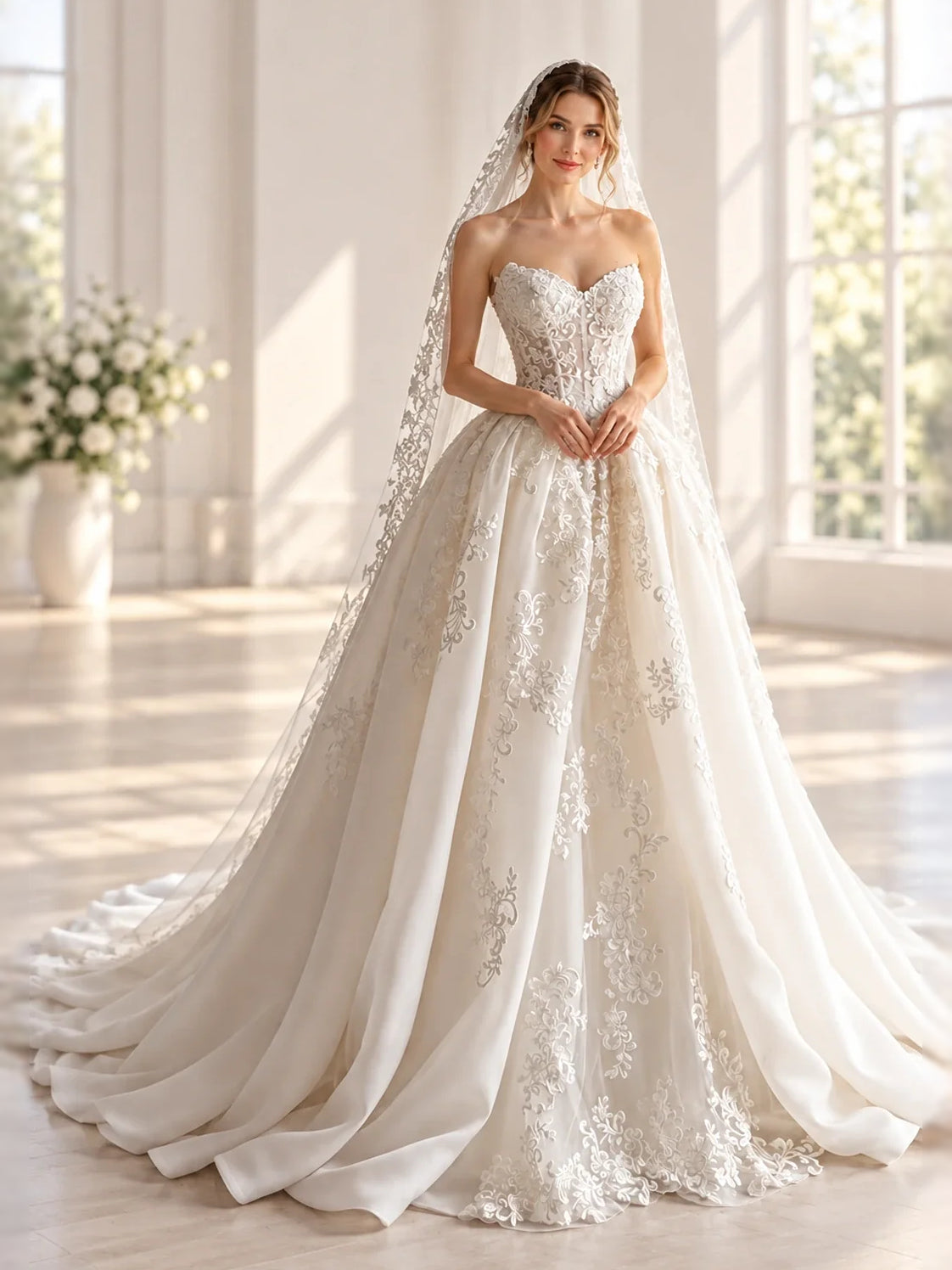 White floor-length wedding dress, front view showing the a-line silhouette