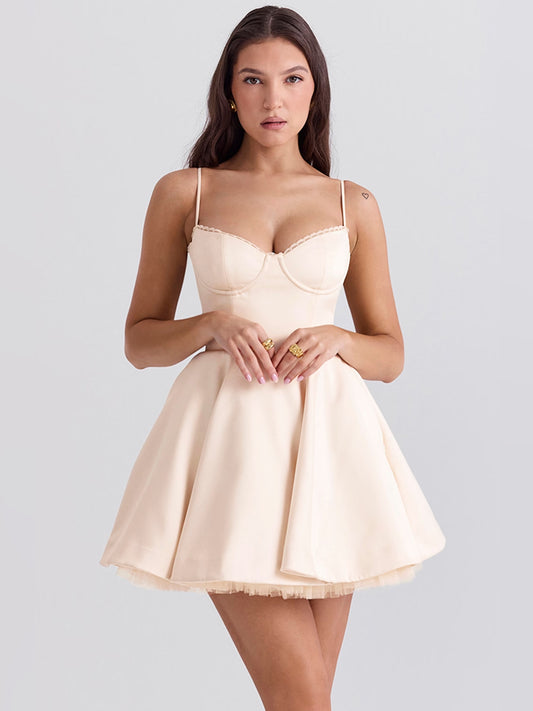 Cream mini homecoming dress, front view showing the silhouette