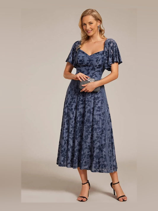 Navy Blue midi mother of the bride dress, front view showing the a-line silhouette