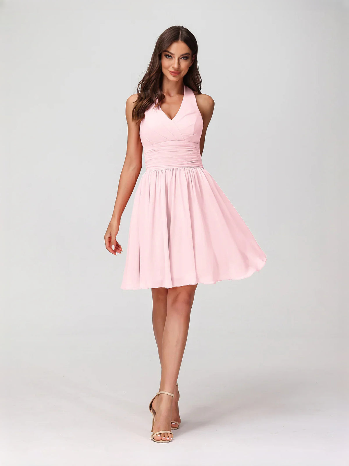 Pearl Pink mini bridesmaid dress, front view showing the a-line silhouette
