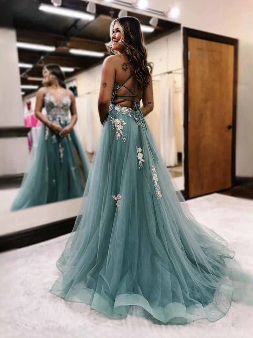 Dusty Sage floor-length prom dress, front view showing the a-line silhouette