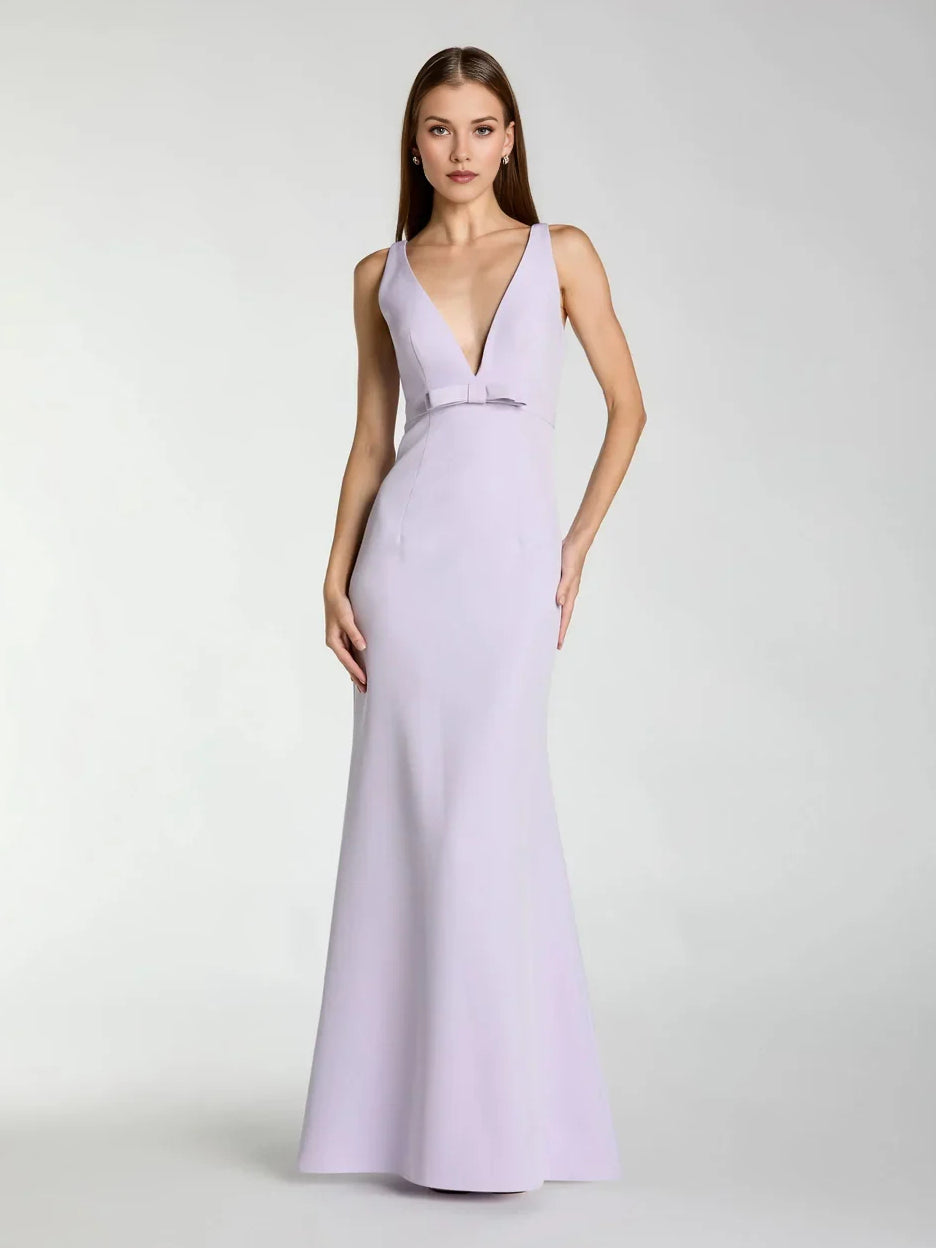 Lilac mermaid floor-length formal dress with V-neckline, full-length front view