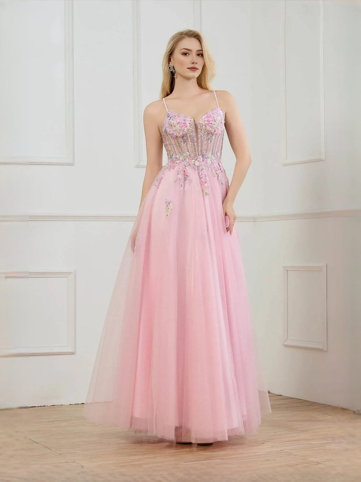 Blush Pink floor-length prom dress, front view showing the a-line silhouette