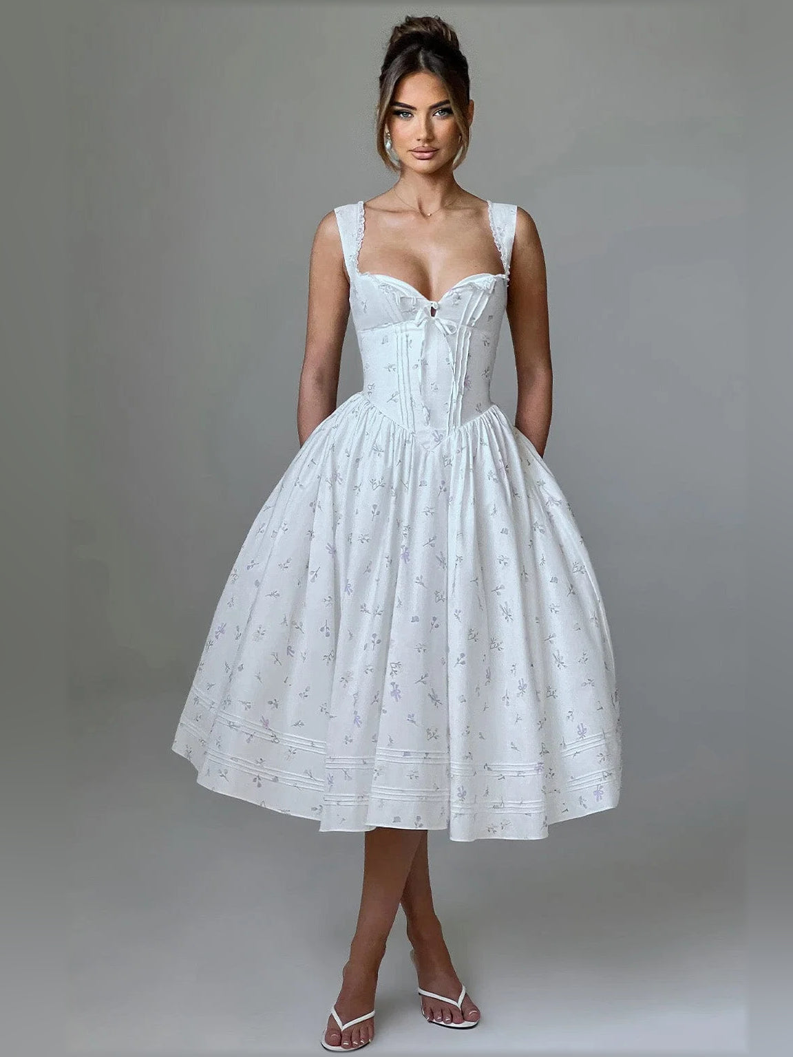 Floral midi formal dress with floral print, full-length front view
