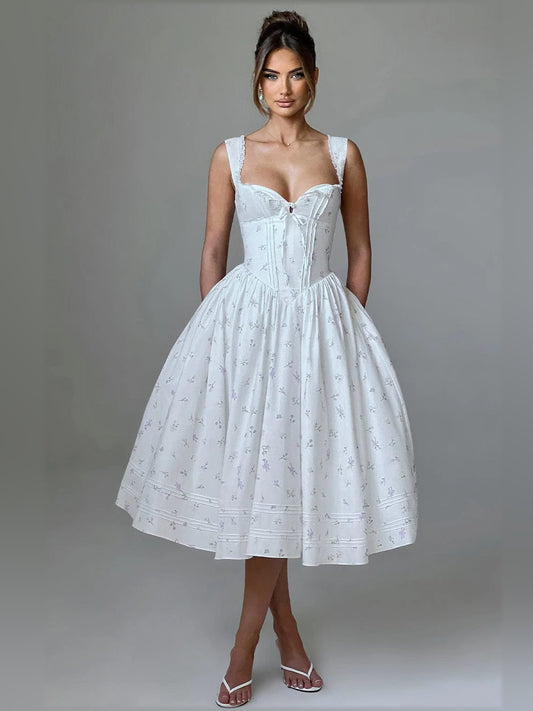Floral midi formal dress with floral print, full-length front view