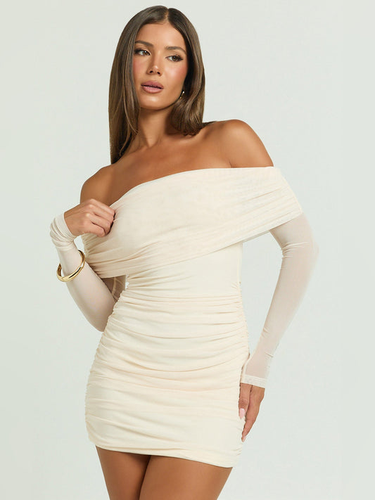 Cream mini homecoming dress, front view showing the bodycon silhouette