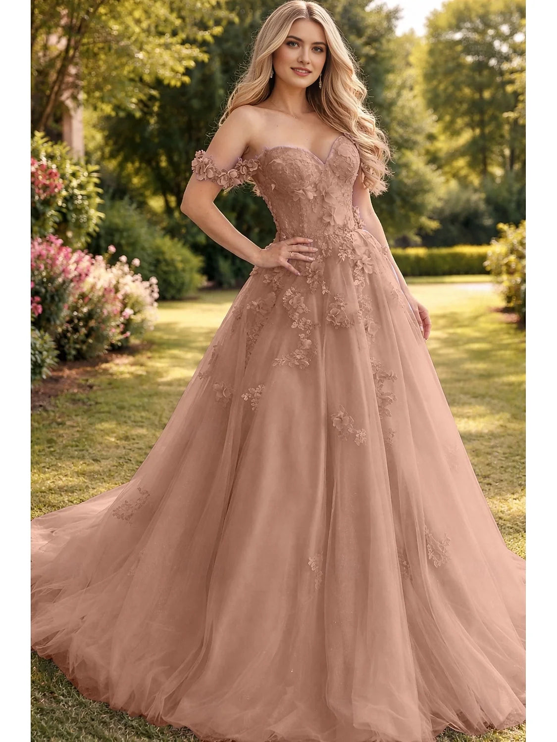 Pearl Pink floor-length prom dress, front view showing the a-line silhouette
