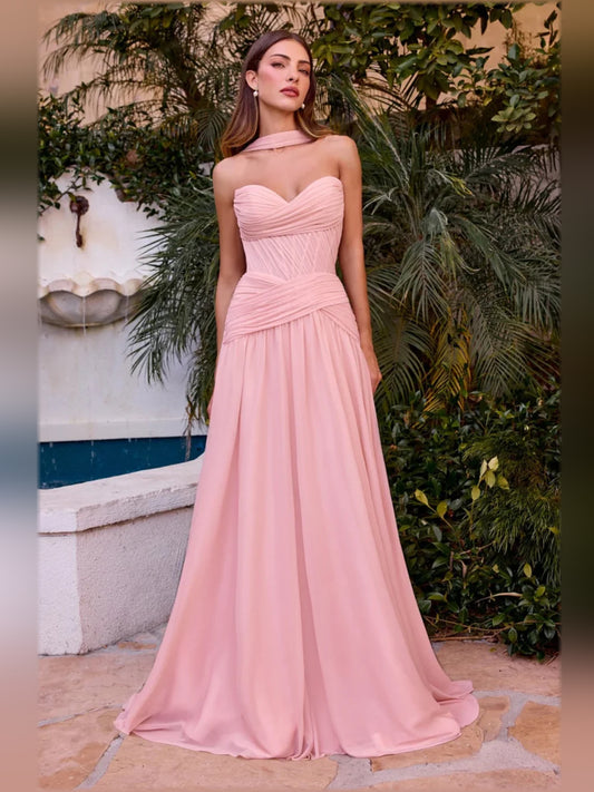 Blush Pink a-line floor-length formal dress with halter neckline, full-length front view