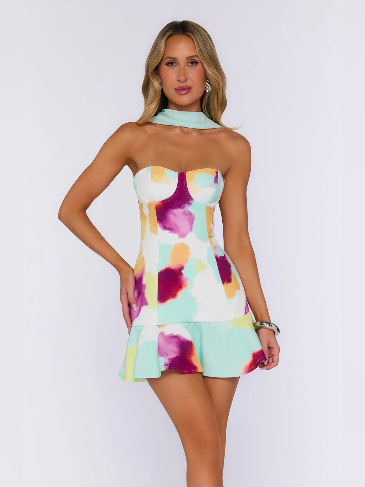 Multi mini homecoming dress, front view showing the silhouette