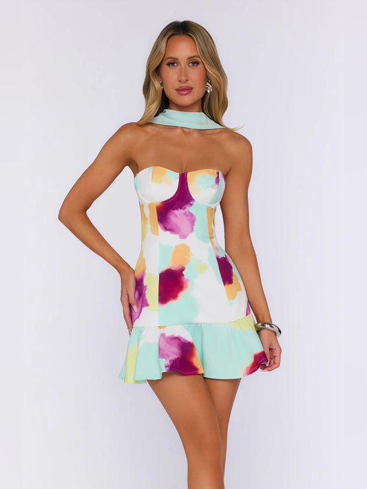 Multi mini homecoming dress, front view showing the silhouette