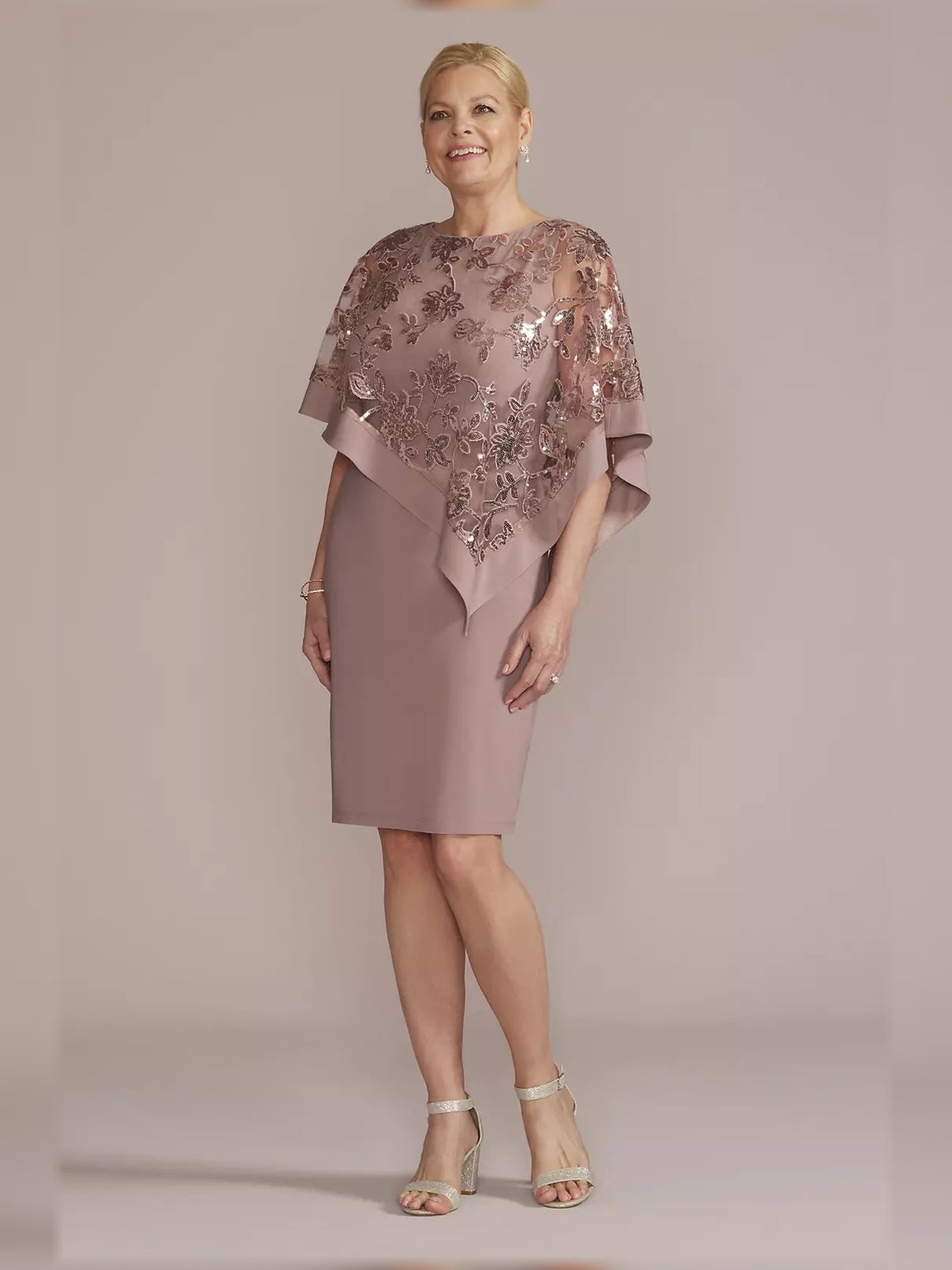 Mauve knee-length mother of the bride dress, front view showing the sheath silhouette