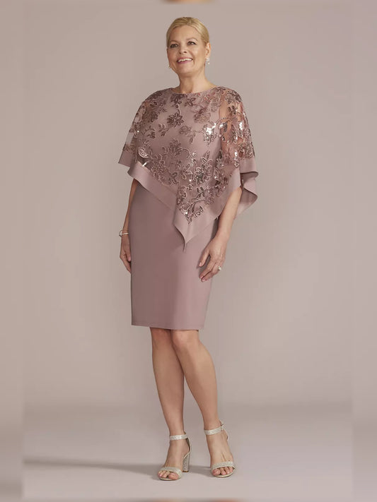 Mauve knee-length mother of the bride dress, front view showing the sheath silhouette