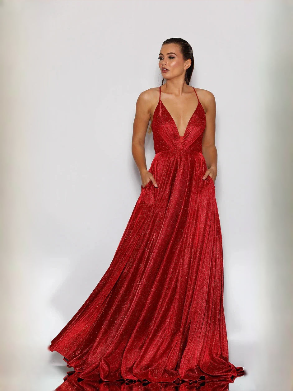 Red maxi prom dress, front view showing the a-line silhouette