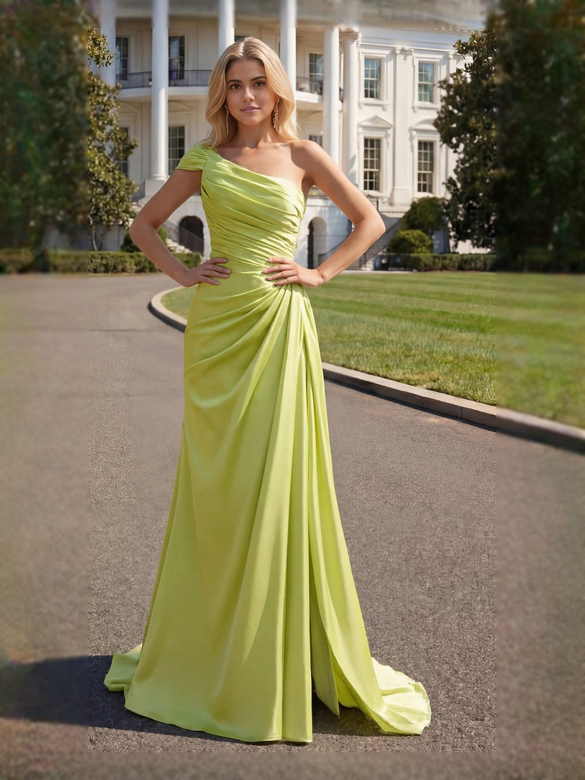 Lime Green floor-length prom dress, front view showing the a-line silhouette