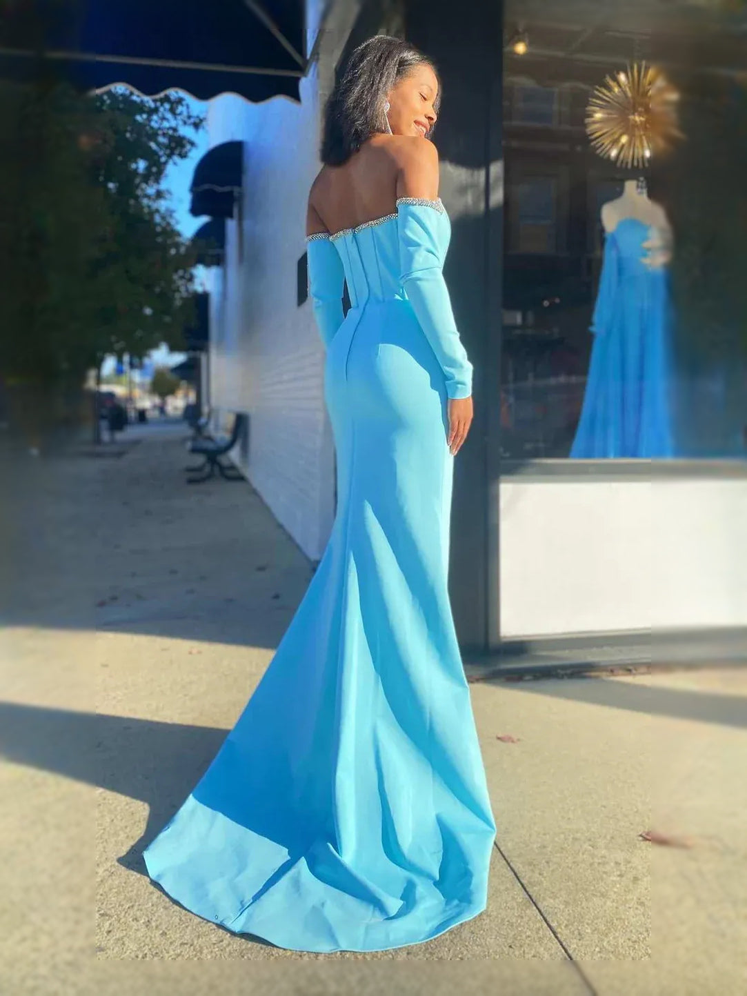 Light Blue maxi prom dress, front view showing the mermaid silhouette