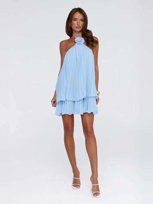 Blue mini homecoming dress, front view showing the silhouette