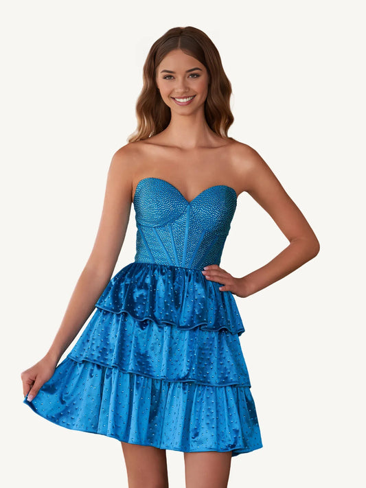 Blue mini homecoming dress, alternate view showing the full-length silhouette