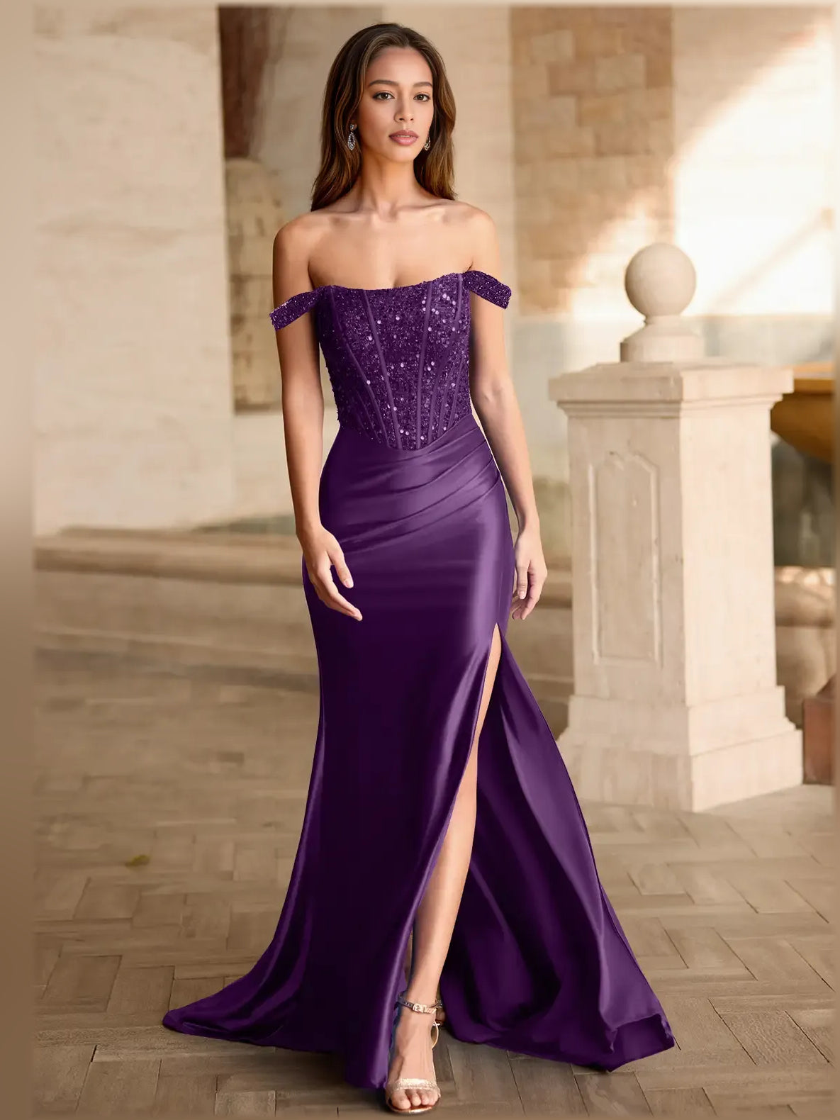 Grape mermaid floor-length formal dress with off-the-shoulder neckline, full-length front view