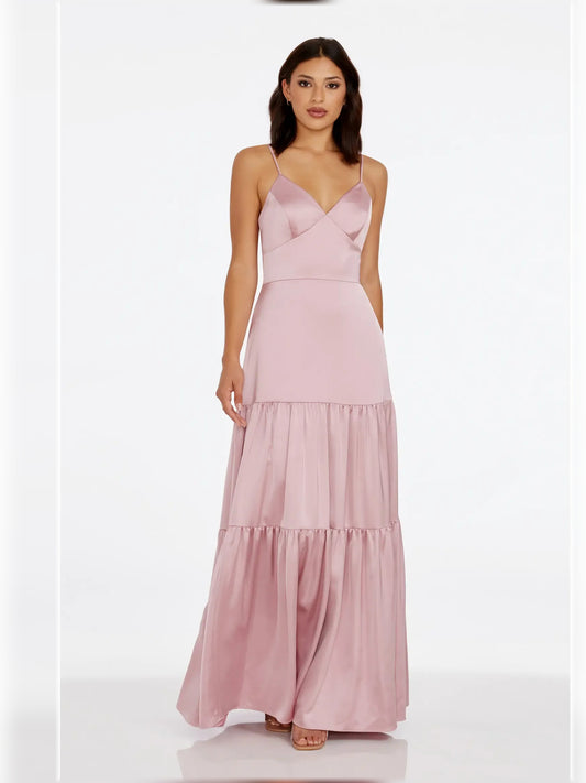 Rose Canyon fit-and-flare floor-length formal dress with V-neckline, full-length front view