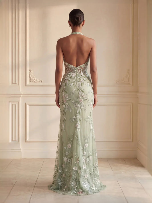 Dusty Sage floor-length prom dress, front view showing the mermaid silhouette