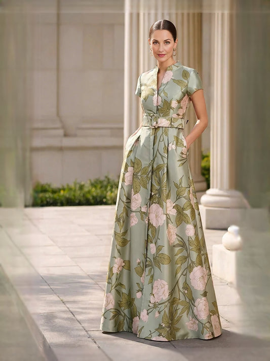 Green maxi mother of the bride dress, front view showing the a-line silhouette
