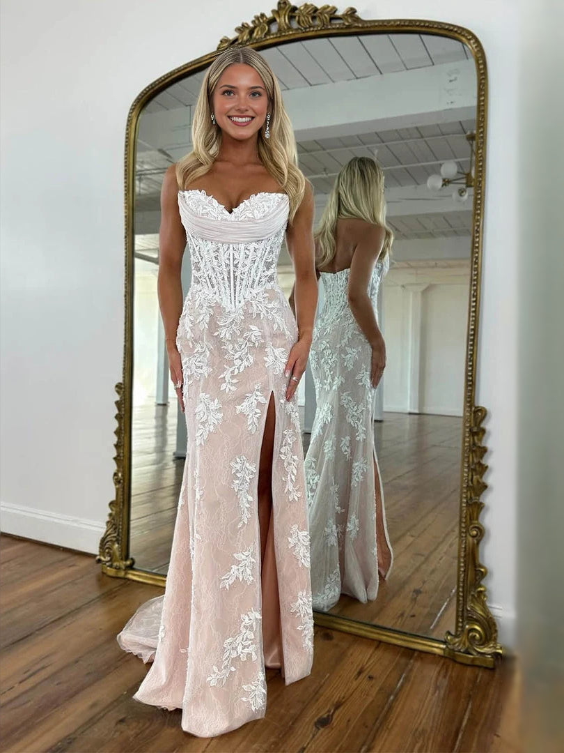 Beige floor-length prom dress, front view showing the mermaid silhouette