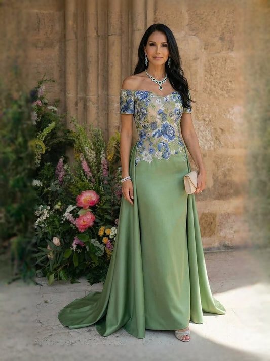Sage Green floor-length mother of the bride dress, front view showing the sheath silhouette
