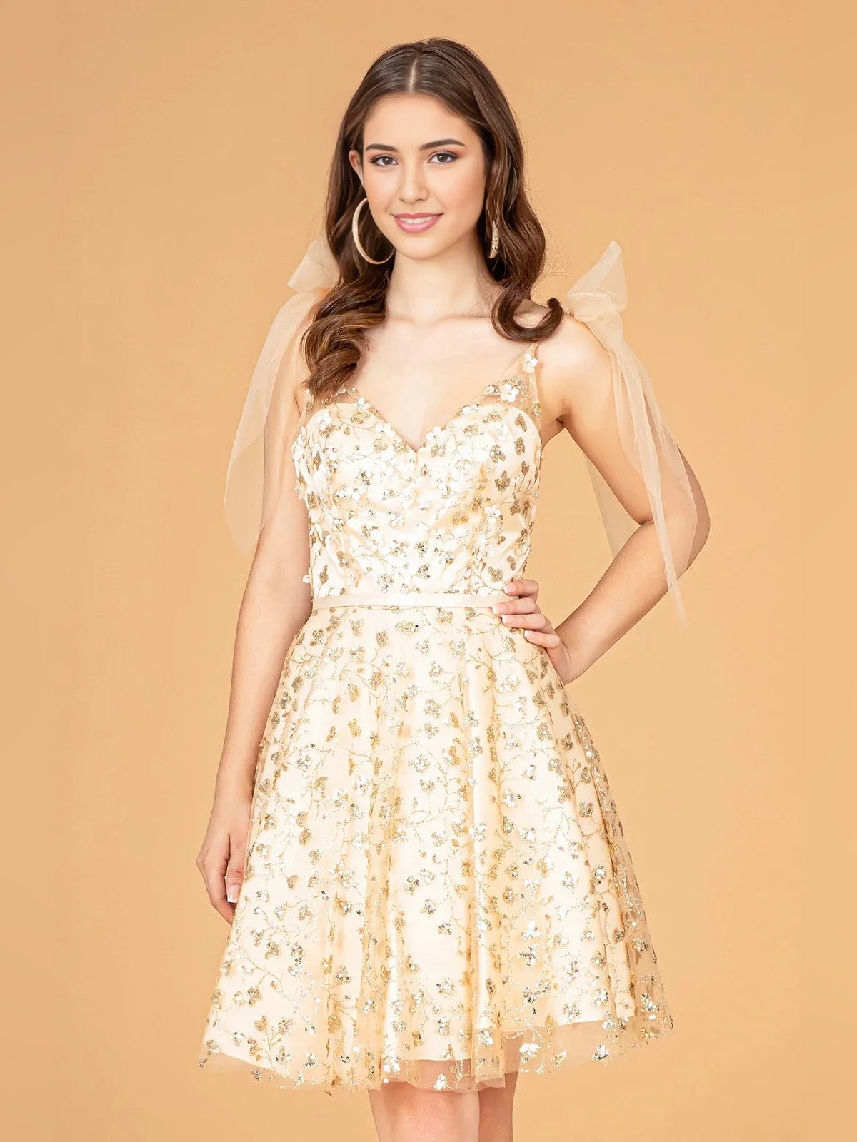 Champagne mini homecoming dress, alternate view showing the full-length silhouette