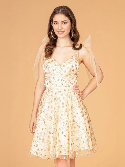 Champagne mini homecoming dress, alternate view showing the full-length silhouette